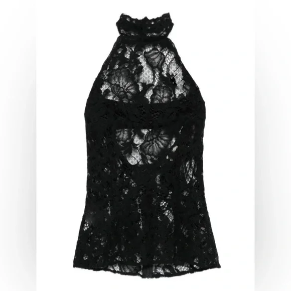 Manuri Cherie Halter Lace Top Backless Floral Lace Black XS EUC Manuri Cherie Halter Lace Top Backless Floral Lace Black XS EUC